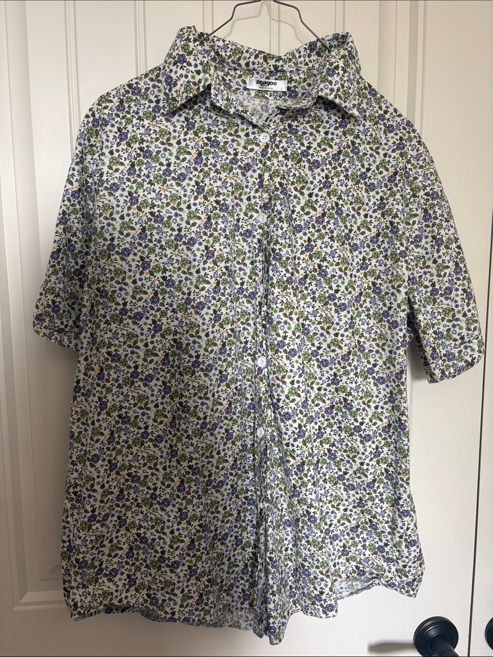 zeagoo Small Floral Print Short Sleeve Button-Down - Blue/Green